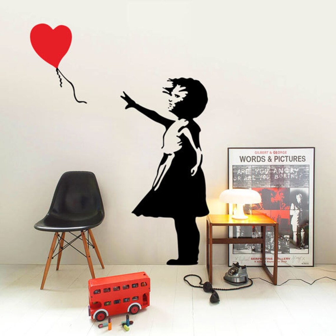 Wallsticker -  Girl with Heart Balloons  / Left Side View