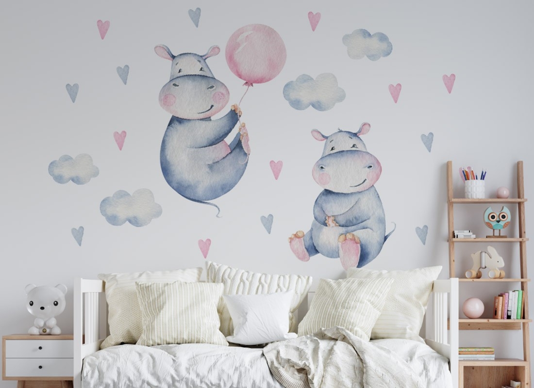 Wallsticker - Hippos in Clouds and Hearts