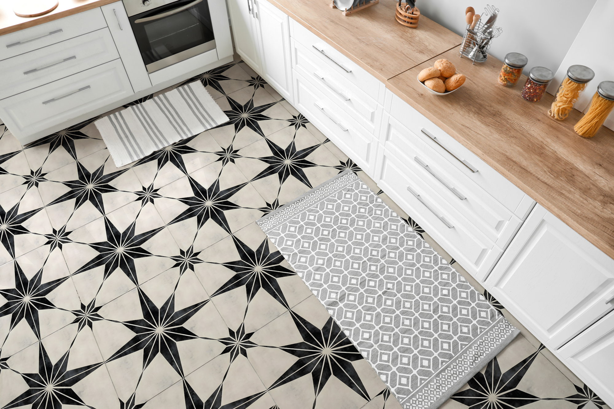 Floor Tiles Sticker -  Black Pattern / Peel and Stick / 24 pcs
