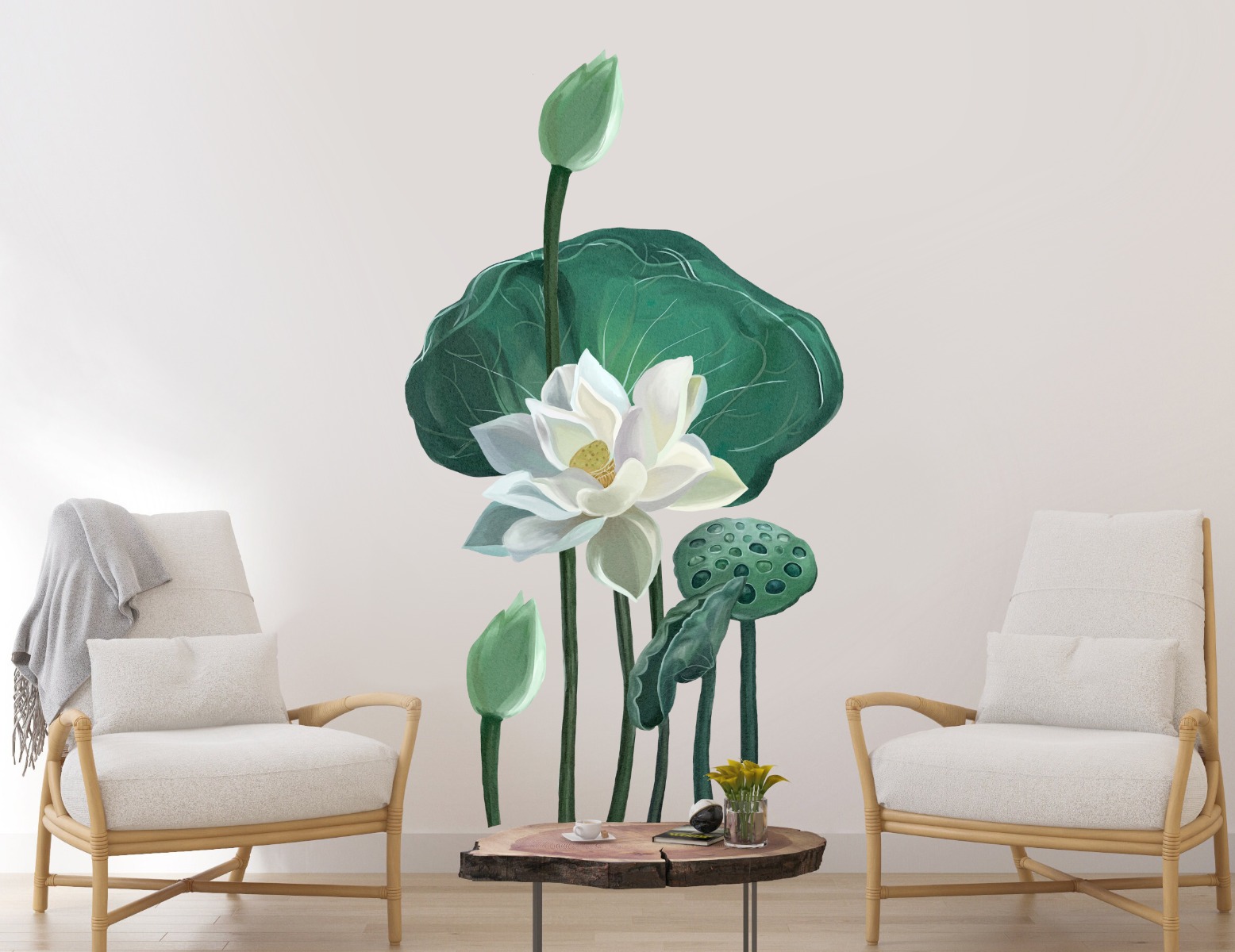 Wallsticker - White Lotus Floral and Leaves