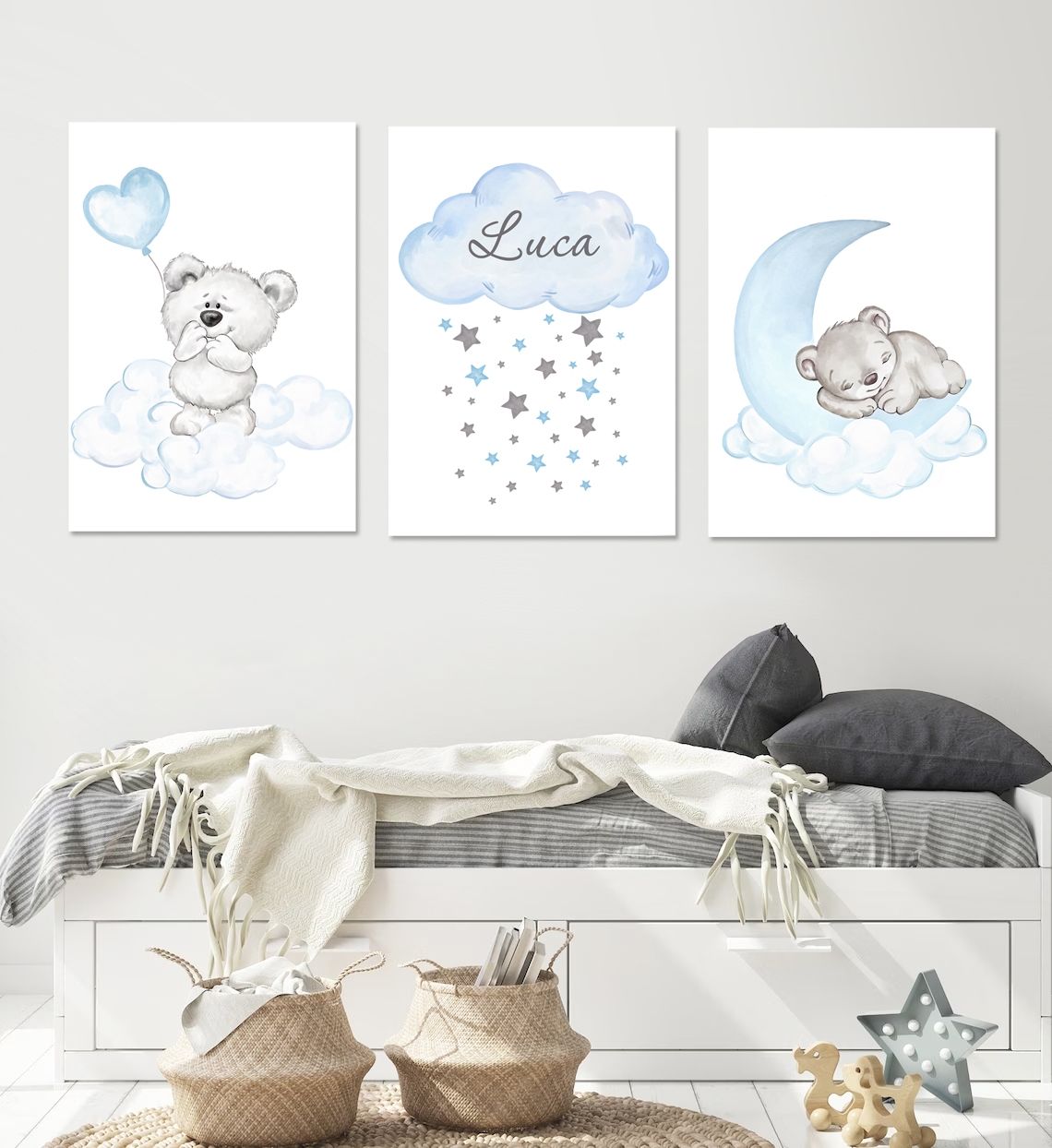Posters - Bear in the Cloud and Moon / Blue / Personalised / Set of 3
