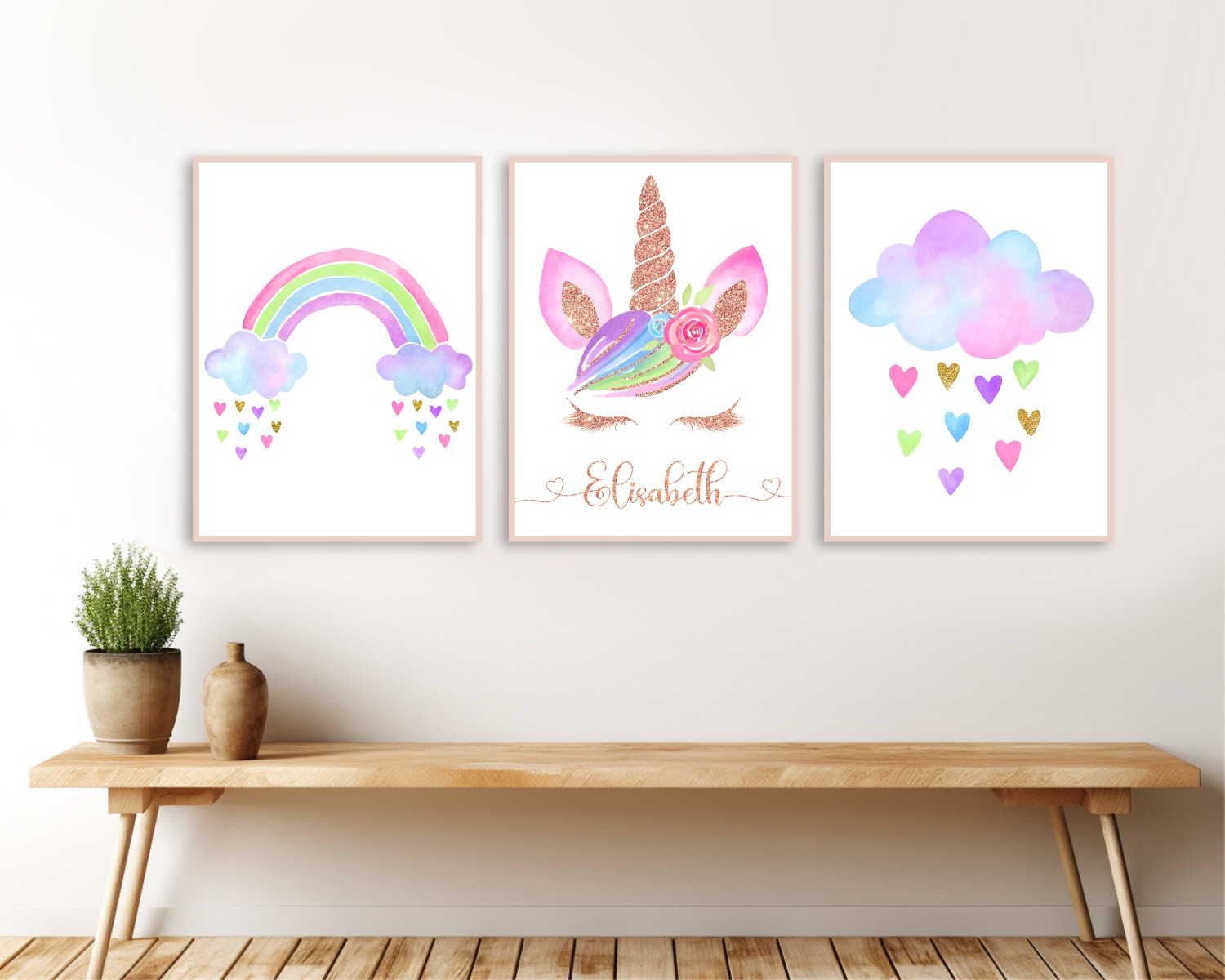 Posters - Golden Unicorn and Hearts / Personalised / Set of 3