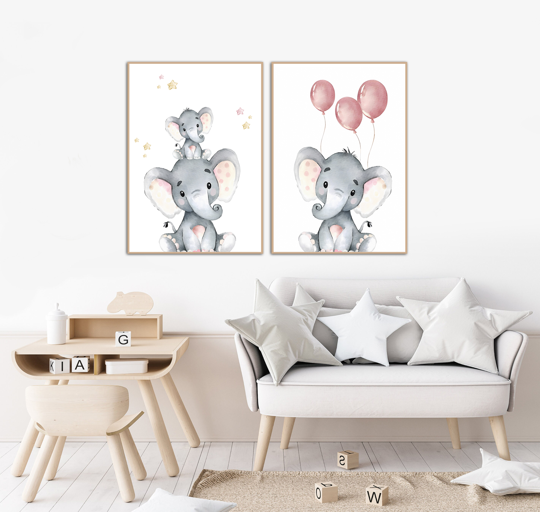 Posters - Elephants and Pink Balloons  / Set of 2
