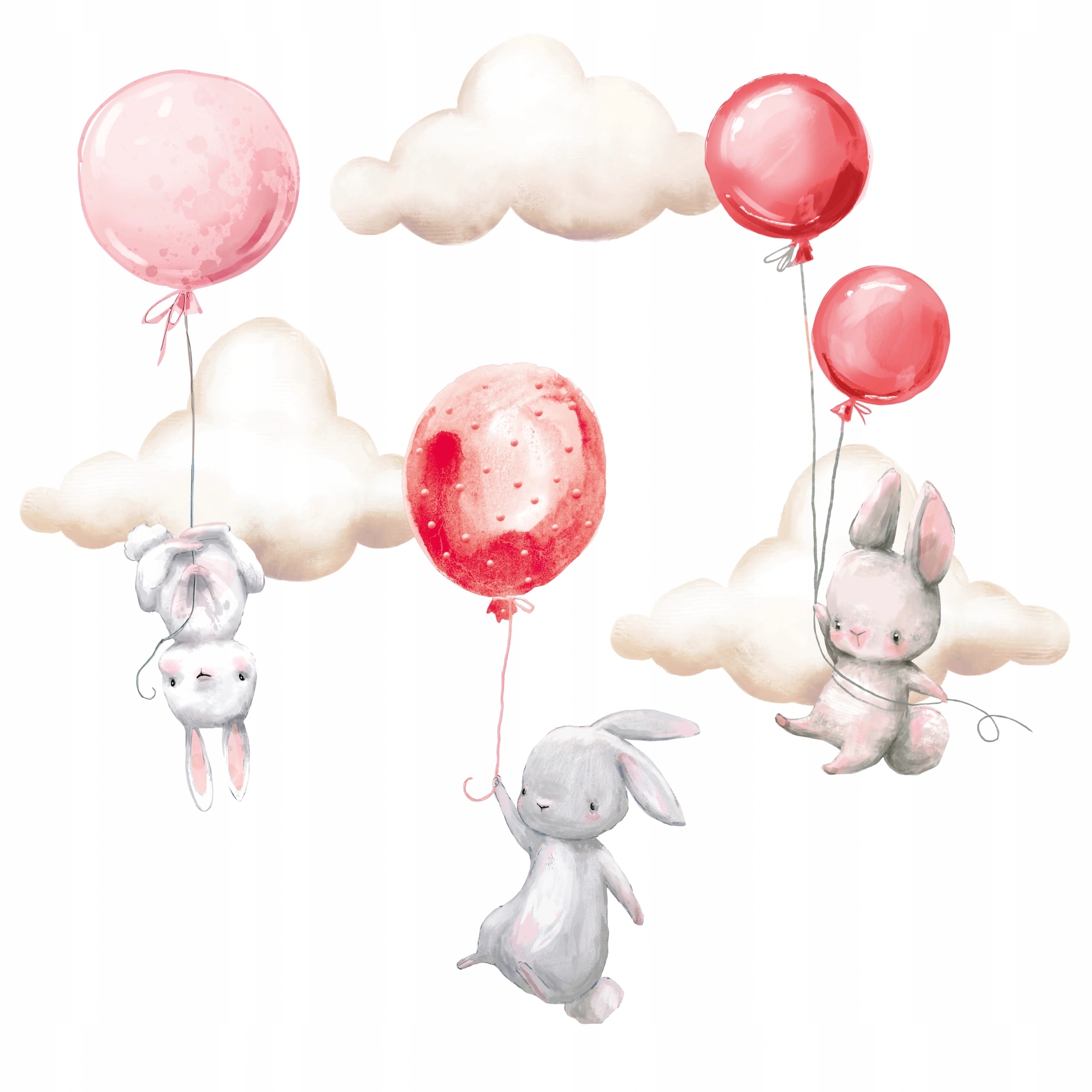 Wallsticker - Bunnies with Balloons and Clouds / Red