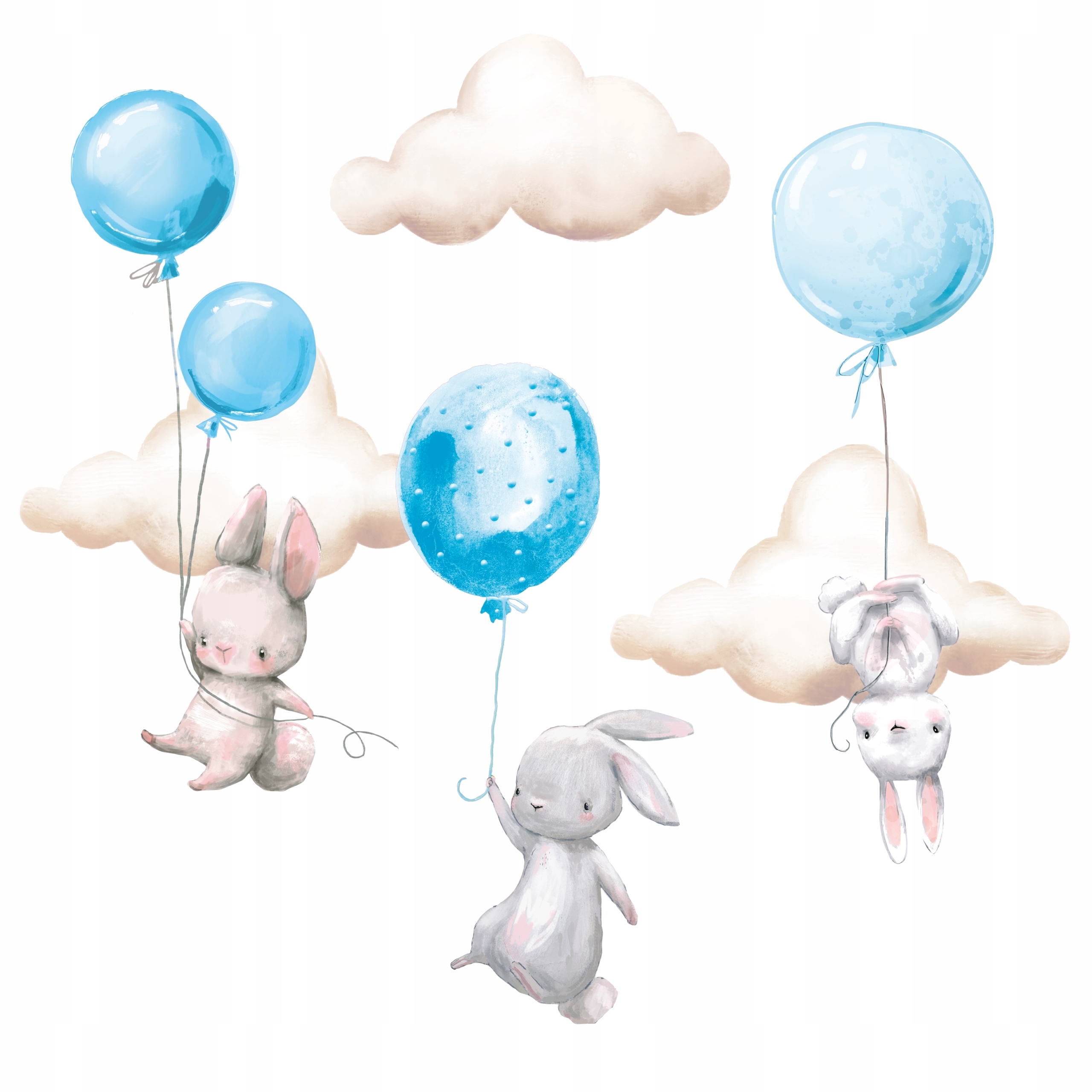 Wallsticker - Bunnies with Balloons and Clouds / Blue