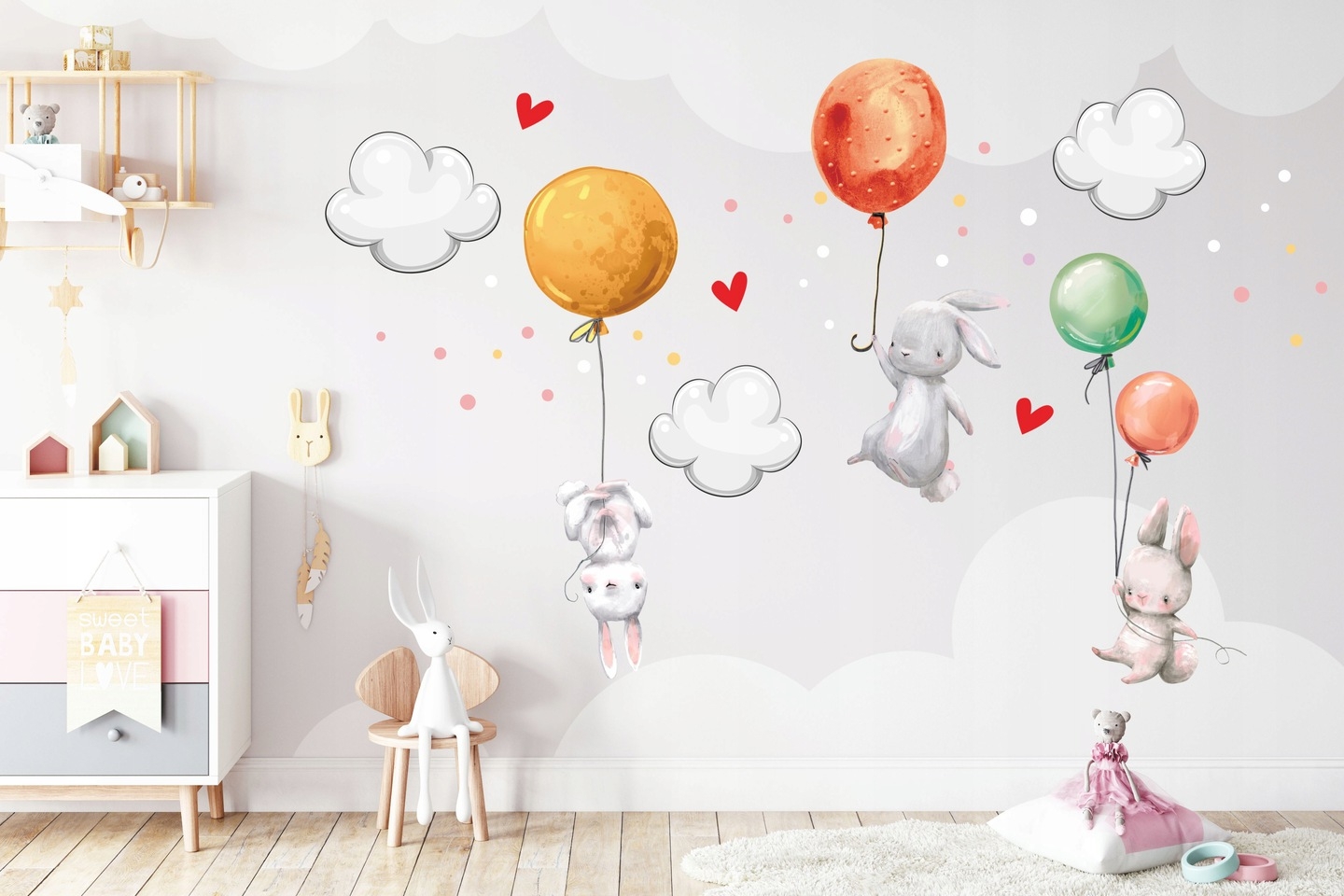 Wallsticker - Bunnies with Balloons and Butterflies / Multicolour
