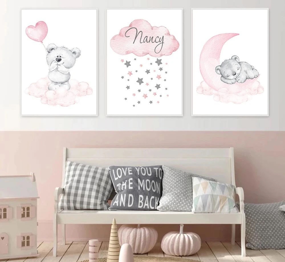 Posters - Bear in the Cloud and Moon / Pink / Personalised / Set of 3