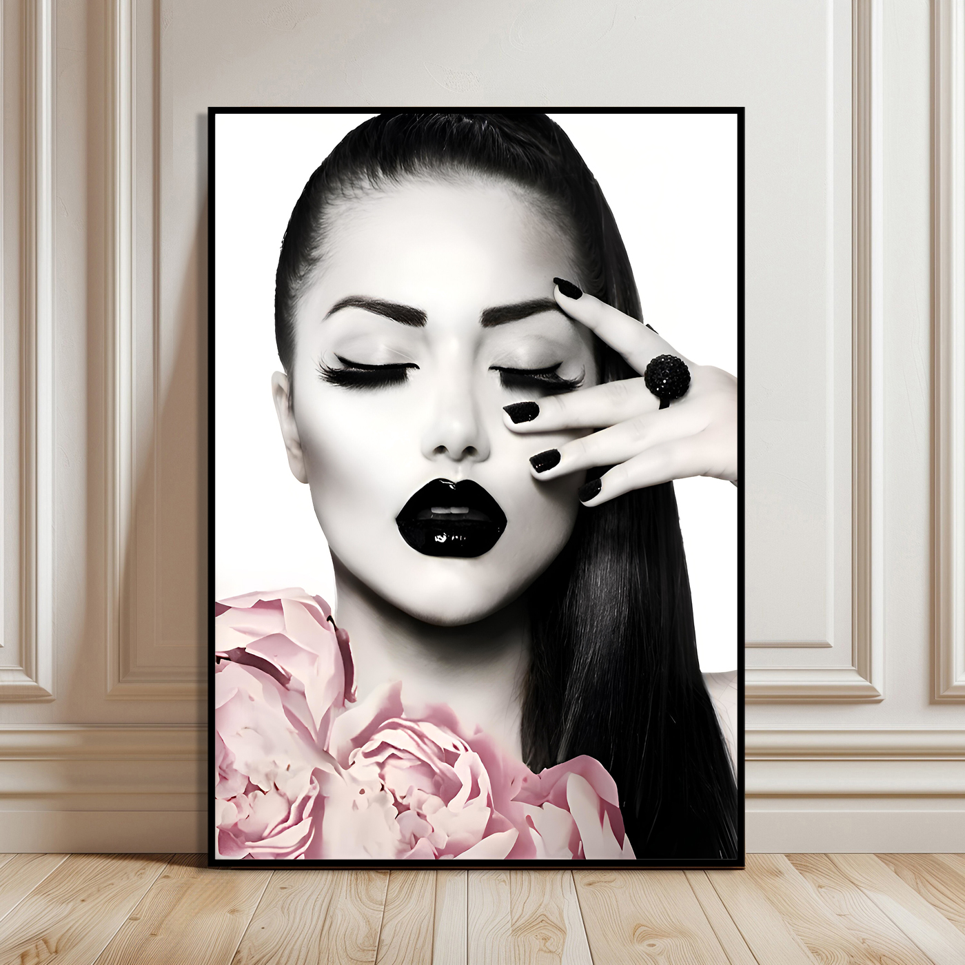 Poster – Women Portrait with Flowers and Black Lipstick