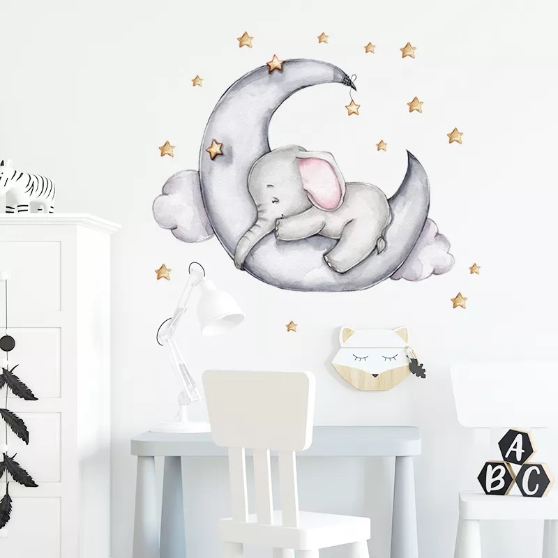 Wallsticker - Baby Elephant Sleeping on the Moon