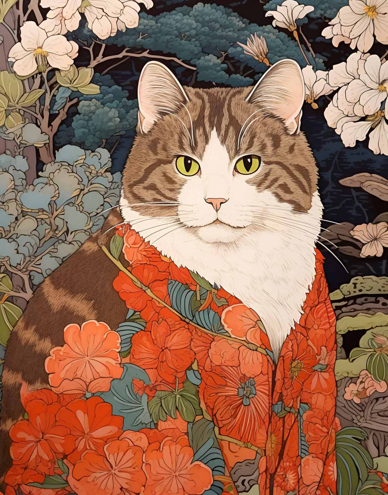 Poster - Cat in Floral Kimono