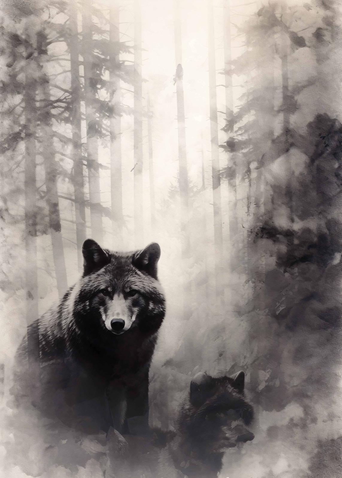 Poster - Wolves in Misty Forest
