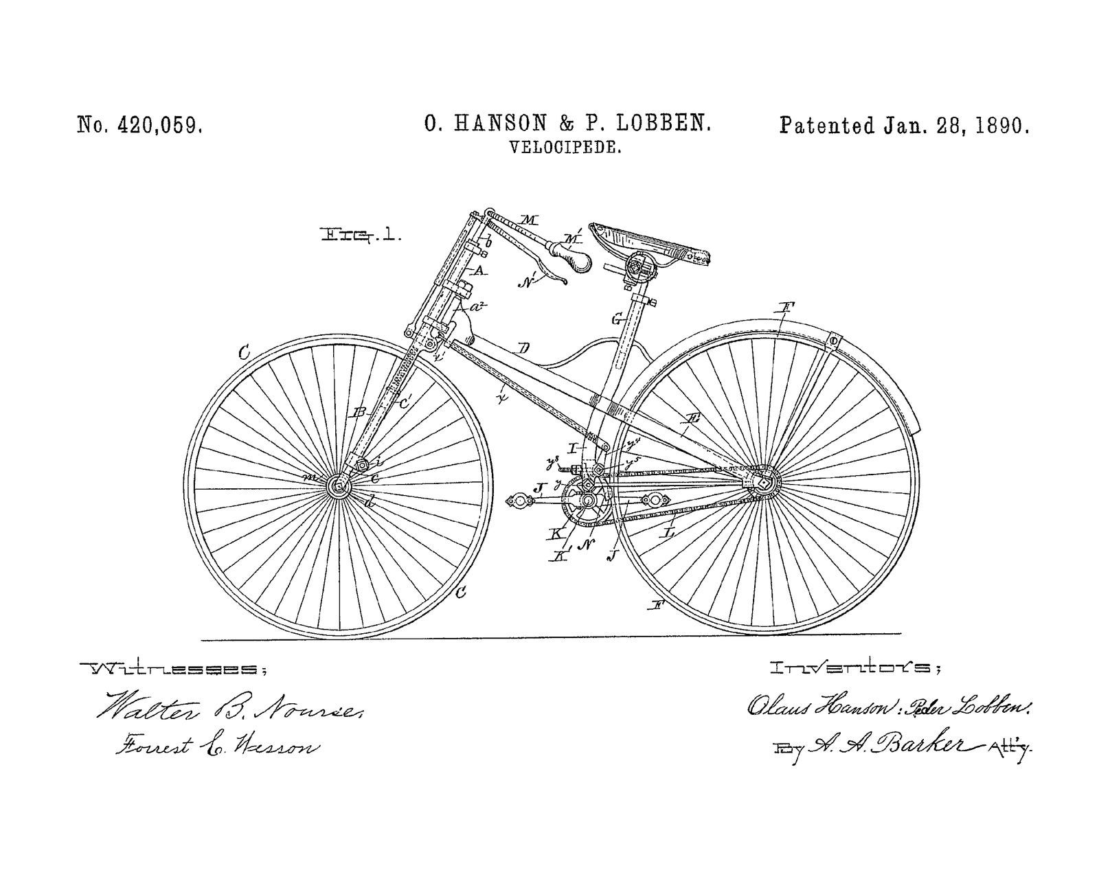 Patent Drawing Poster - Velocipede Bicycle