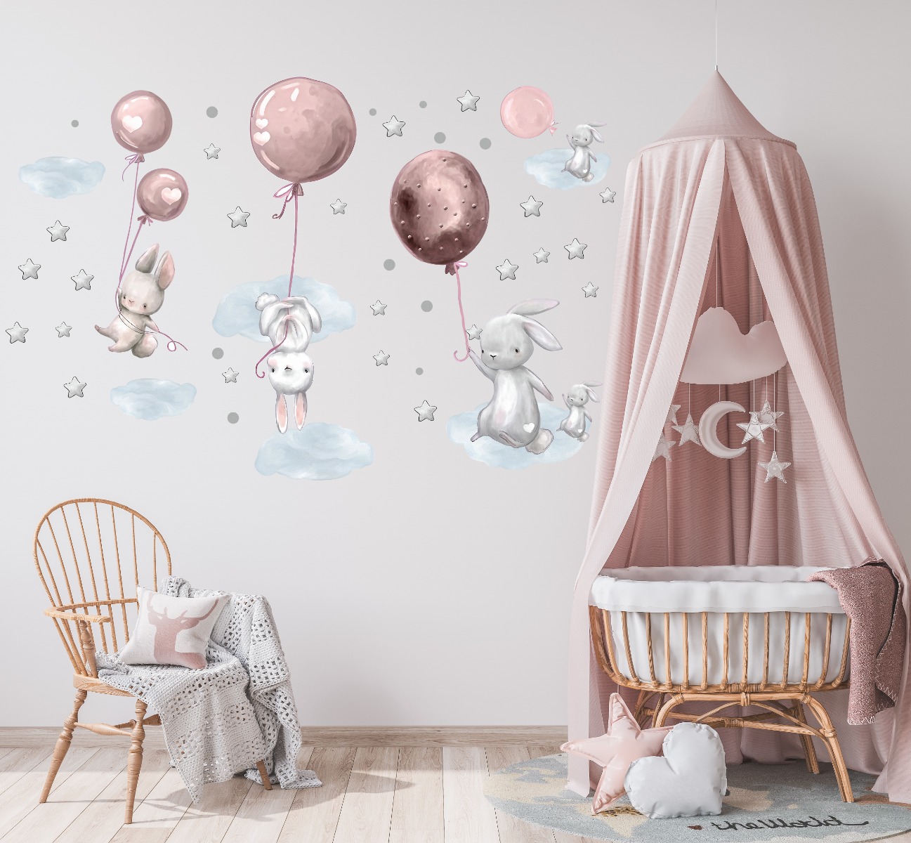 Wallsticker -  Bunnies with Pink Balloon and Clouds
